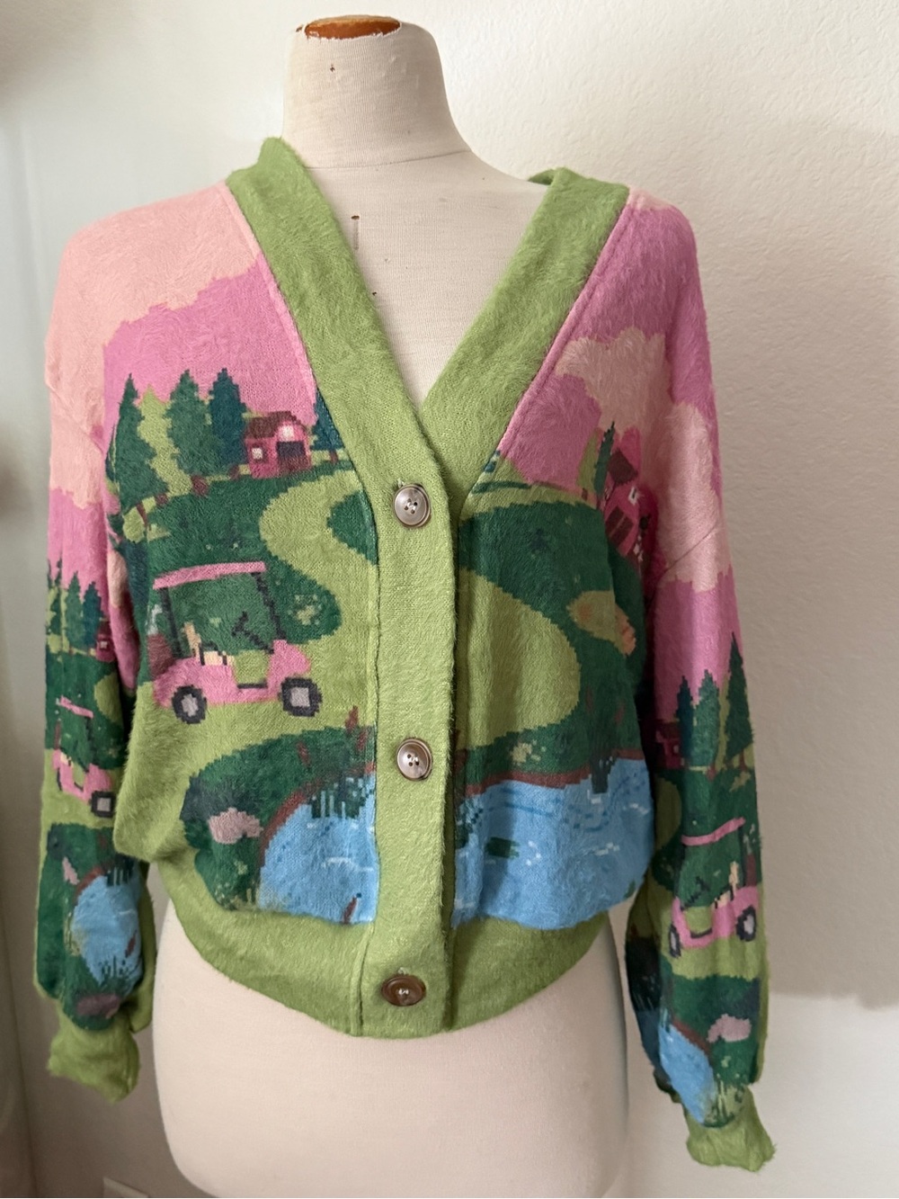 Vintage-Inspired Green & Pink Scenic Cardigan Sweater
